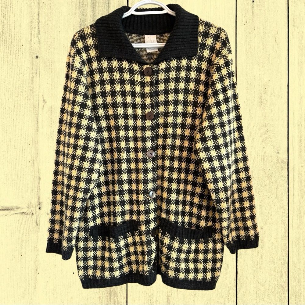 Vintage gingham button up knit cardigan with collar